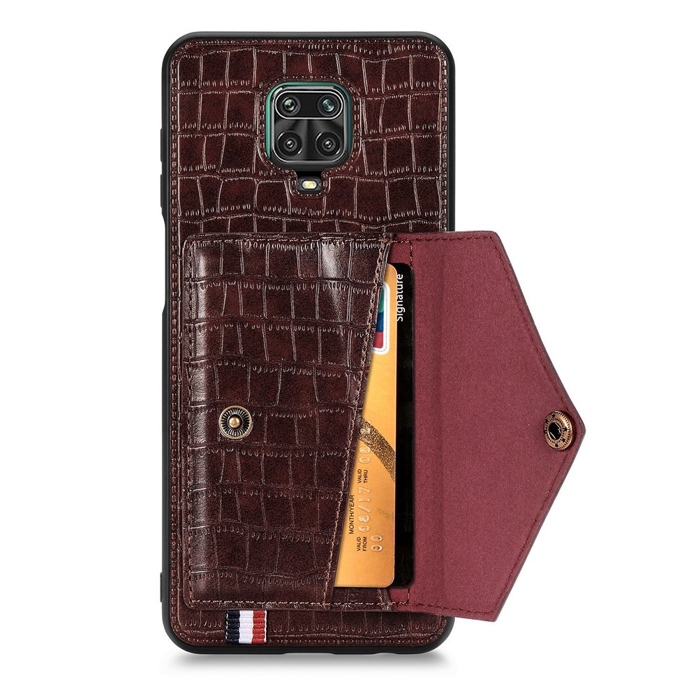 Crocodile Texture Card Holder Stand PU Leather Coated TPU Cover for Xiaomi Redmi Note 9S / Redmi Note 9 Pro / Redmi Note 9 Pro Max - Brown-4