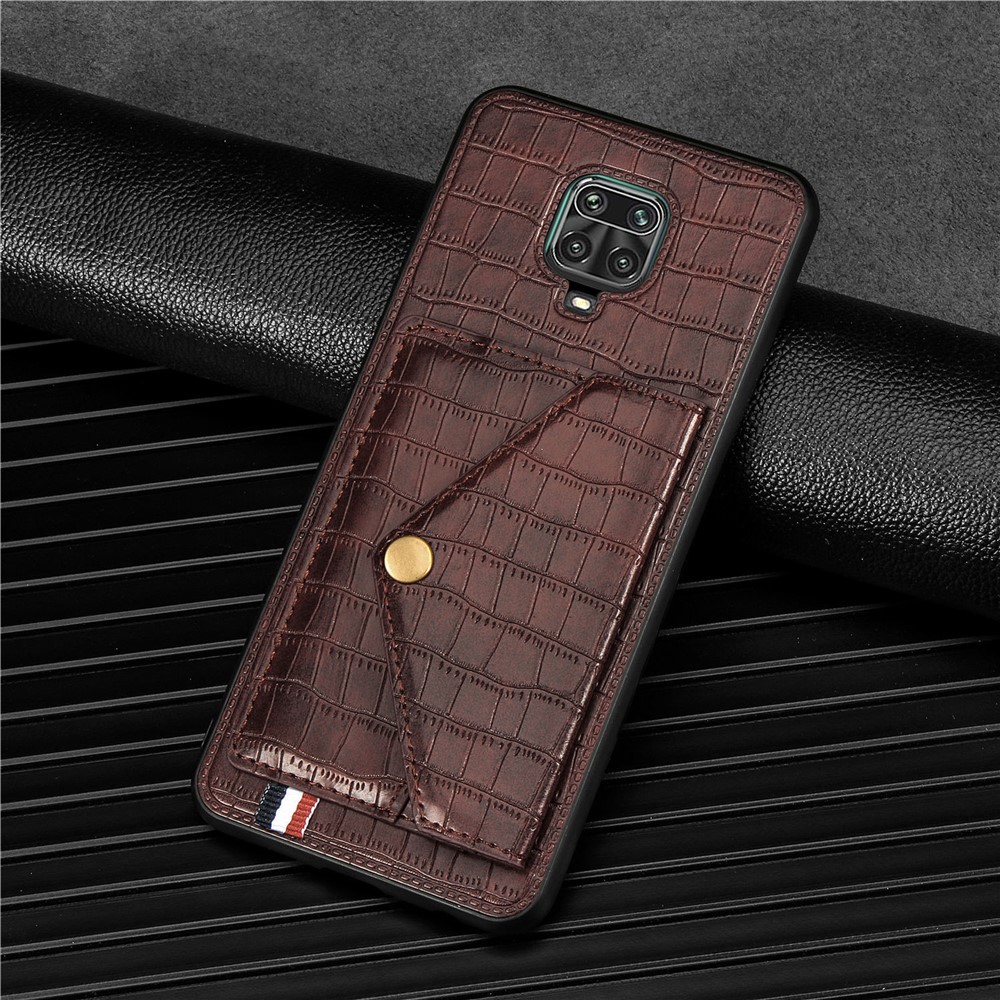 Crocodile Texture Card Holder Stand PU Leather Coated TPU Cover for Xiaomi Redmi Note 9S / Redmi Note 9 Pro / Redmi Note 9 Pro Max - Brown-5