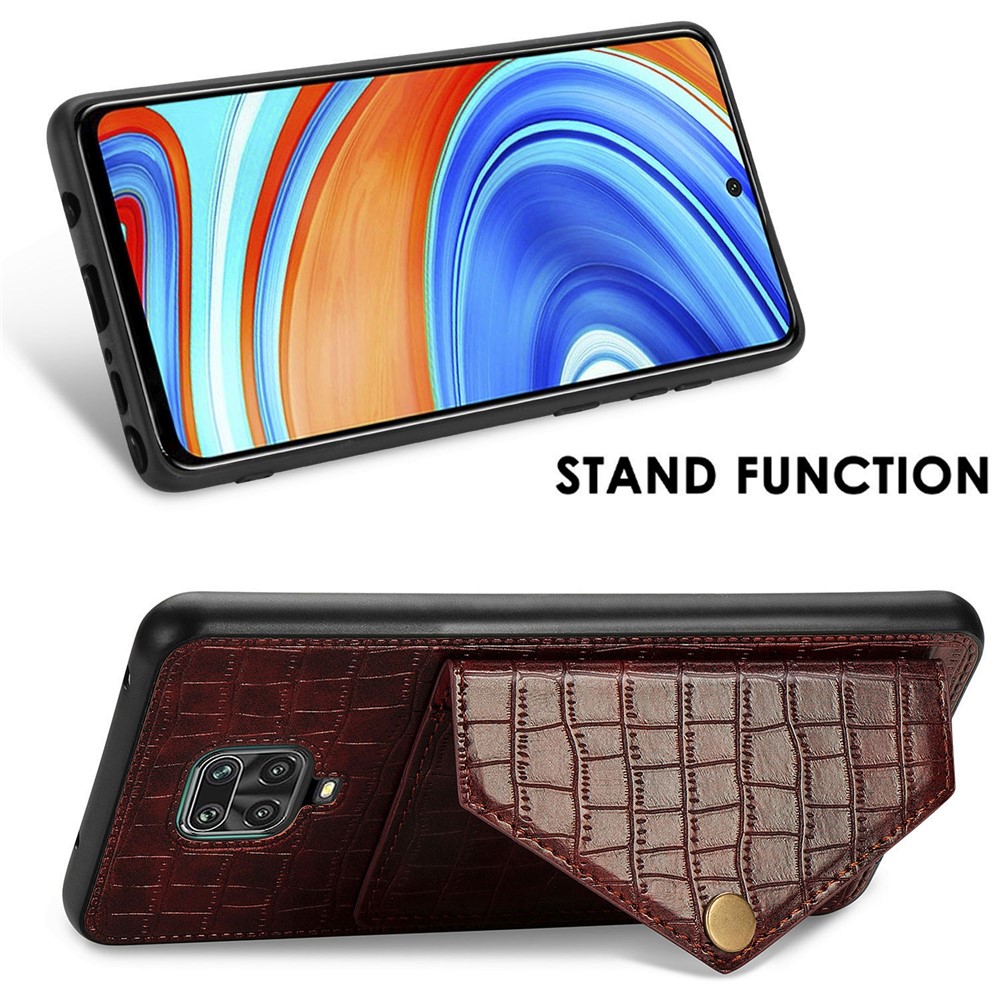 Crocodile Texture Card Holder Stand PU Leather Coated TPU Cover for Xiaomi Redmi Note 9S / Redmi Note 9 Pro / Redmi Note 9 Pro Max - Brown-7