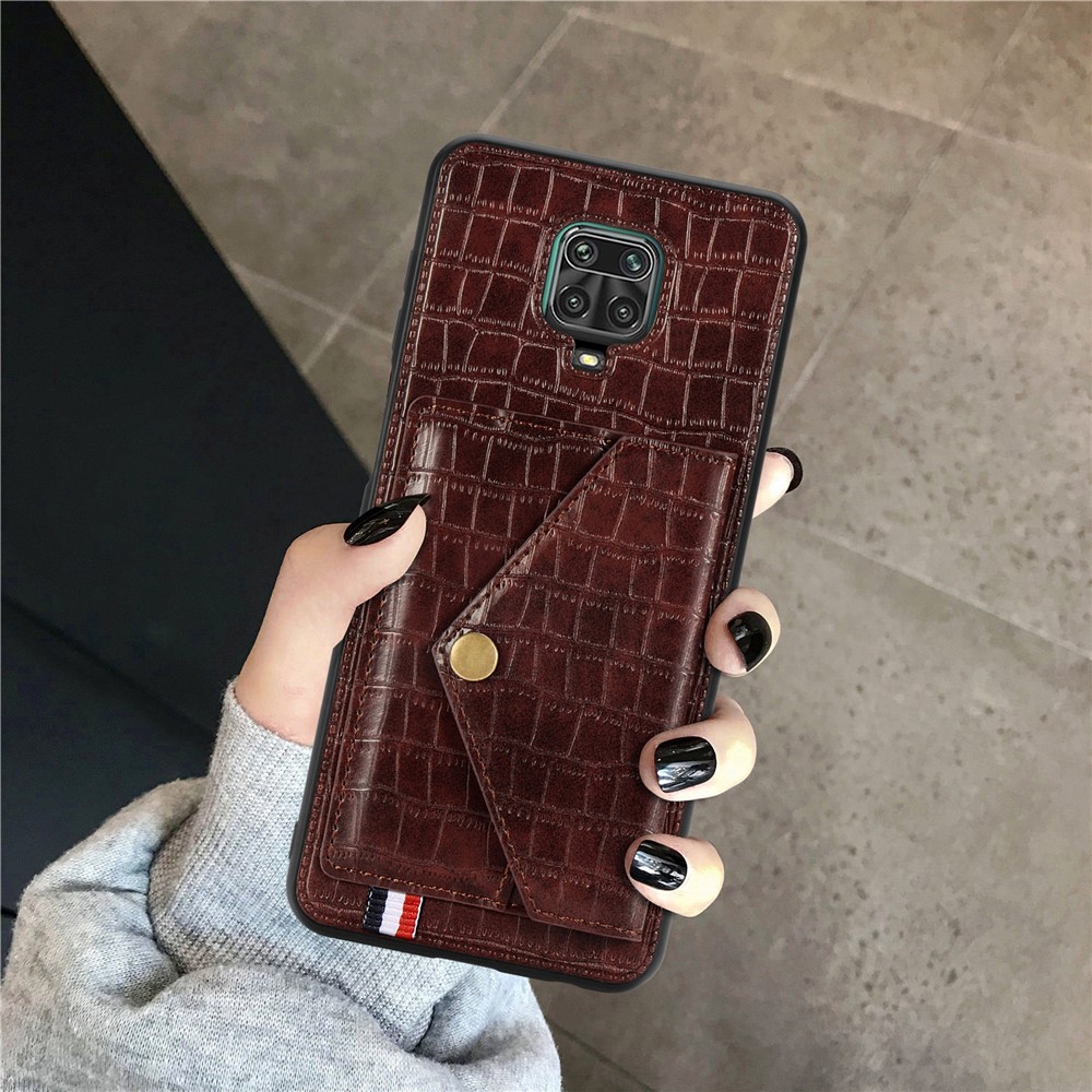 Crocodile Texture Card Holder Stand PU Leather Coated TPU Cover for Xiaomi Redmi Note 9S / Redmi Note 9 Pro / Redmi Note 9 Pro Max - Brown-9