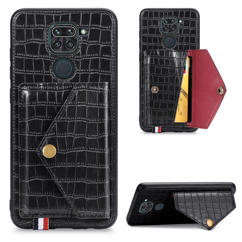 Crocodile Texture Leather+TPU Phone Case with Card Holder Kickstand for Xiaomi Redmi 10X 4G / Redmi Note 9 4G - Black-1