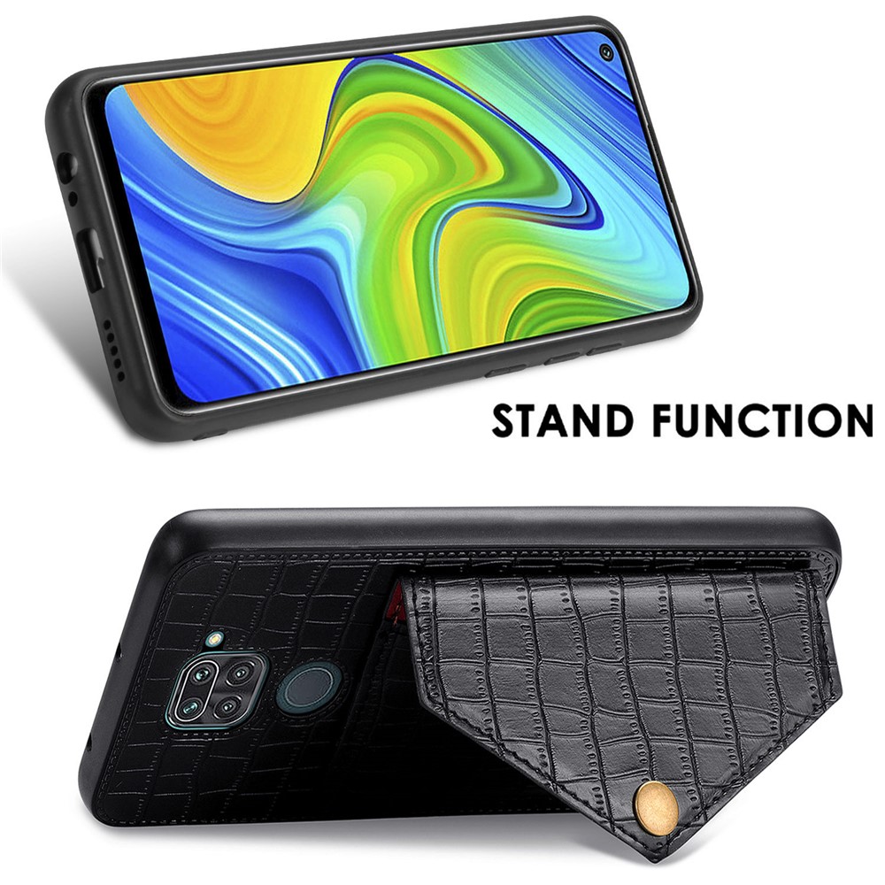 Crocodile Texture Leather+TPU Phone Case with Card Holder Kickstand for Xiaomi Redmi 10X 4G / Redmi Note 9 4G - Black-7