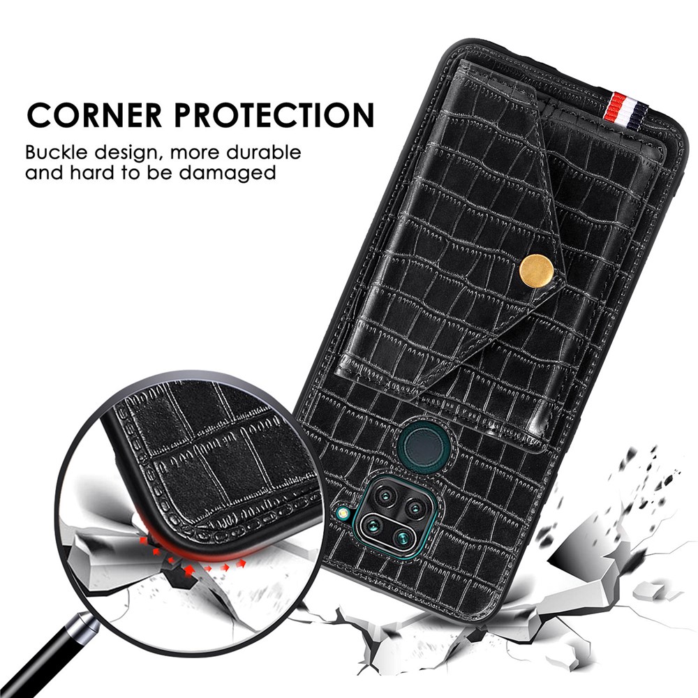 Crocodile Texture Leather+TPU Phone Case with Card Holder Kickstand for Xiaomi Redmi 10X 4G / Redmi Note 9 4G - Black-9