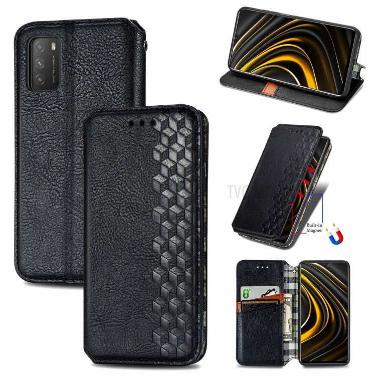 Fashionable Auto-absorbed Rhombus Texture PU Leather Wallet Phone Cover for Xiaomi Poco M3 - Black-1