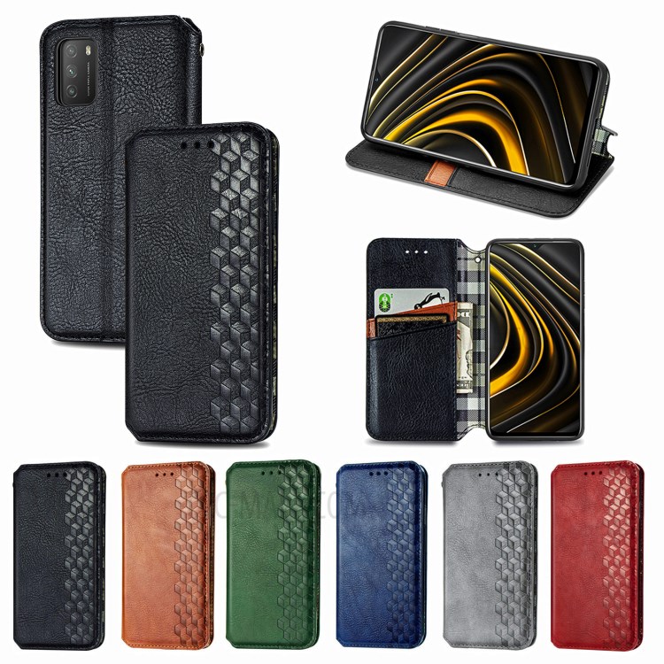 Fashionable Auto-absorbed Rhombus Texture PU Leather Wallet Phone Cover for Xiaomi Poco M3 - Black-21