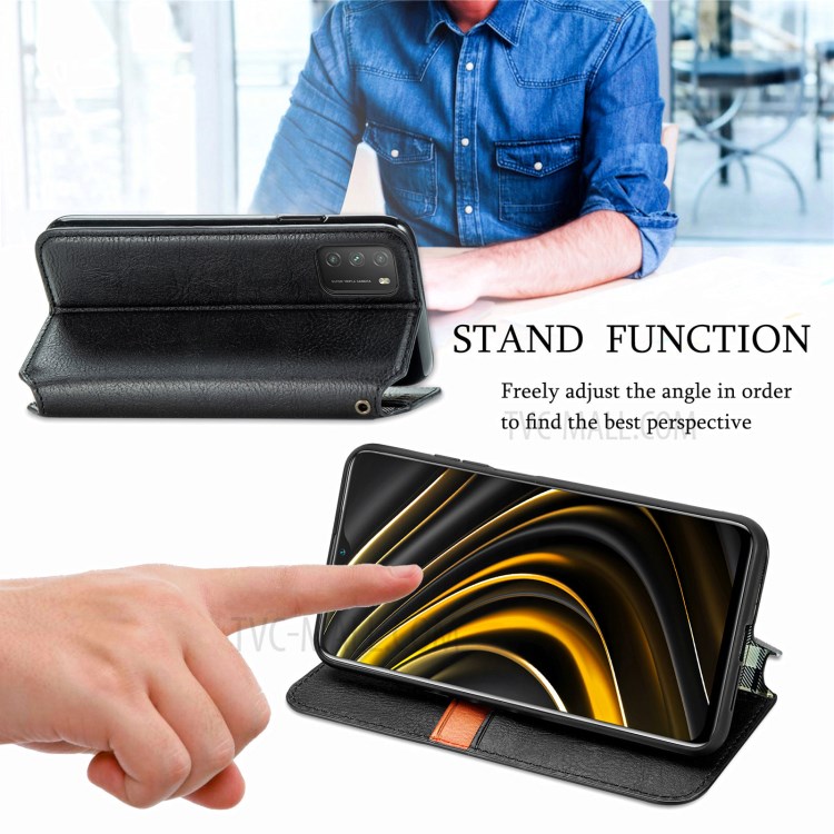 Fashionable Auto-absorbed Rhombus Texture PU Leather Wallet Phone Cover for Xiaomi Poco M3 - Black-6