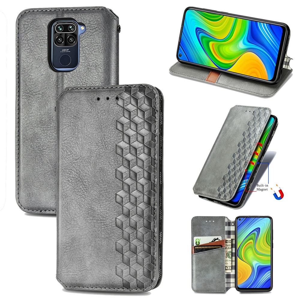 Fashionable Auto-absorbed Rhombus Texture PU Leather Wallet Cover for Xiaomi Redmi Note 9 (MTK Helio G85)/10X 4G - Grey-1