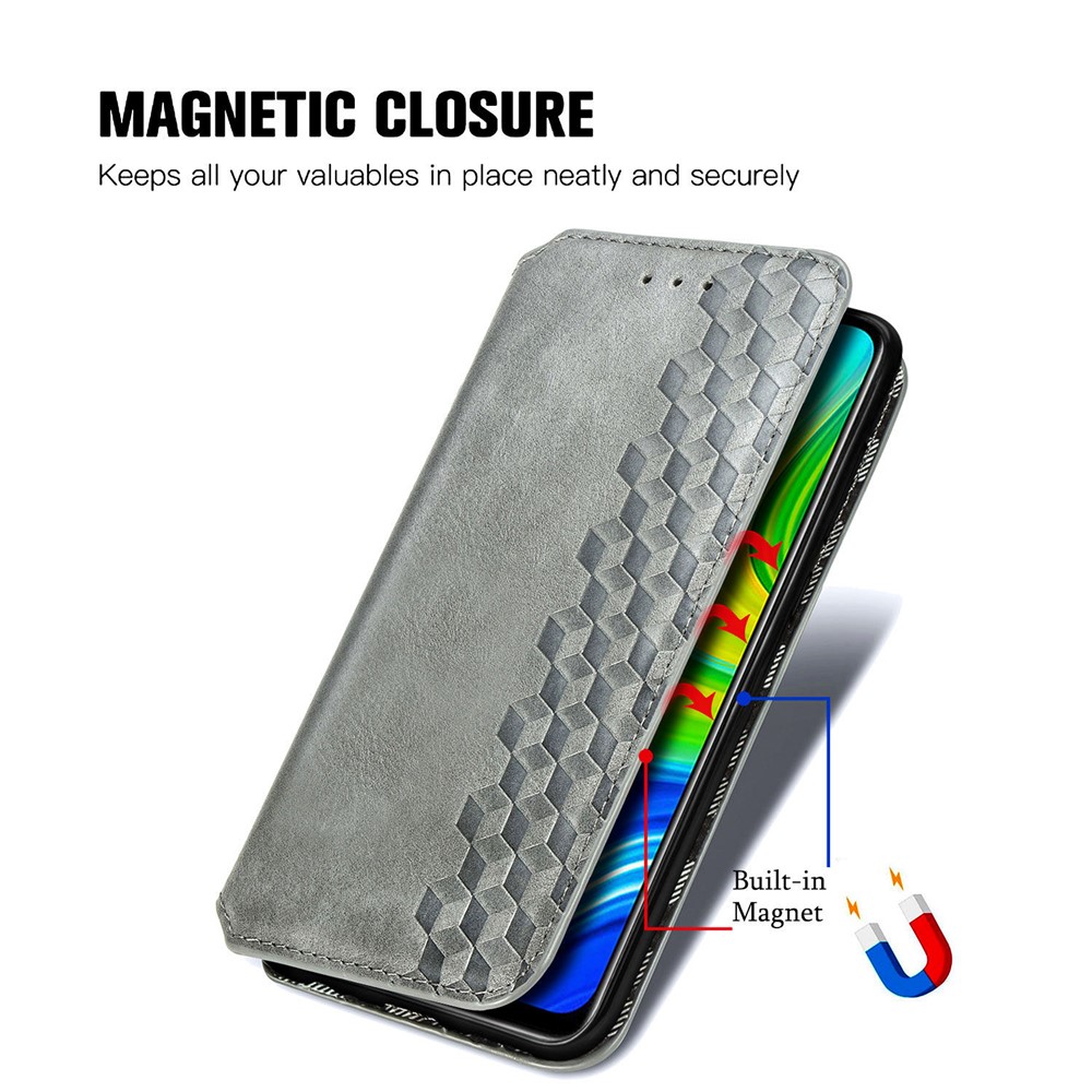 Fashionable Auto-absorbed Rhombus Texture PU Leather Wallet Cover for Xiaomi Redmi Note 9 (MTK Helio G85)/10X 4G - Grey-10