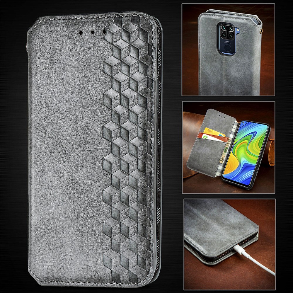 Fashionable Auto-absorbed Rhombus Texture PU Leather Wallet Cover for Xiaomi Redmi Note 9 (MTK Helio G85)/10X 4G - Grey-11