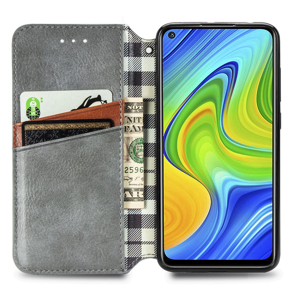 Fashionable Auto-absorbed Rhombus Texture PU Leather Wallet Cover for Xiaomi Redmi Note 9 (MTK Helio G85)/10X 4G - Grey-5