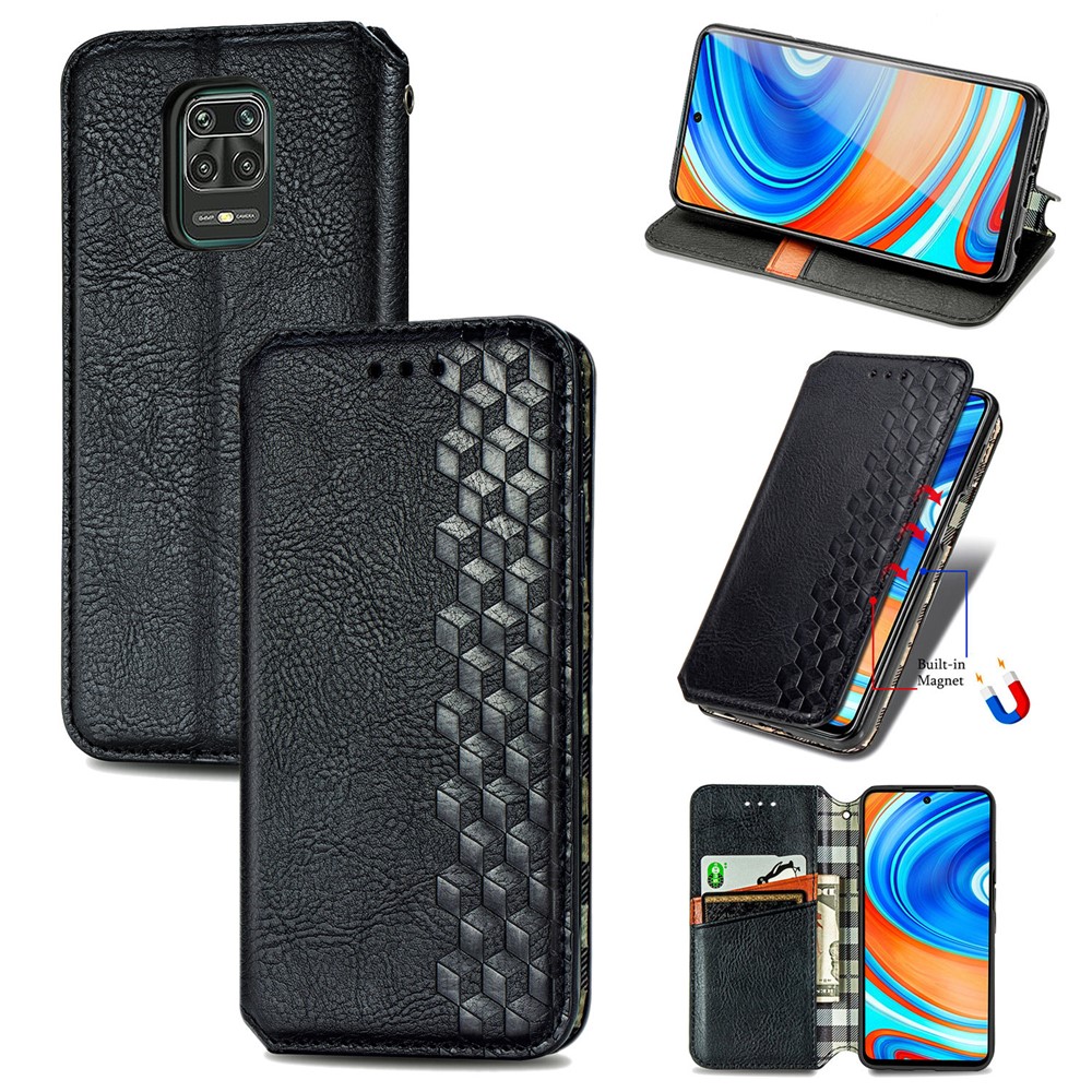 Fashion Rombus Texture Case de Cuero PU Auto-absorbido Con Soporte de Billetera Para Xiaomi Redmi Note 9 Pro 4G (versión Global) - Negro