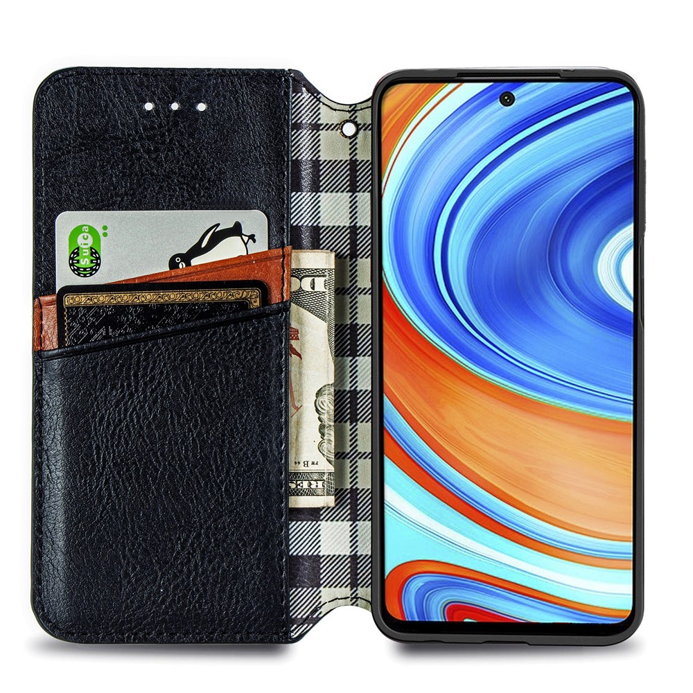 Fashion Rhombus Texture Auto-absorbed PU Leather Case with Wallet Stand for Xiaomi Redmi Note 9 Pro 4G (Global Version) - Black-5