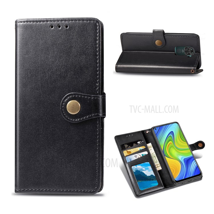 Wallet Stand Design Solid Color Leather Phone Case Shell with Round Buckle for Xiaomi Redmi 10X 4G/Redmi Note 9 (MTK Helio G85) - Black-1