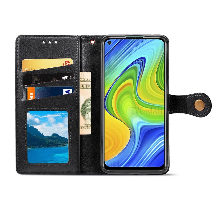 Wallet Stand Design Solid Color Leather Phone Case Shell with Round Buckle for Xiaomi Redmi 10X 4G/Redmi Note 9 (MTK Helio G85) - Black-4