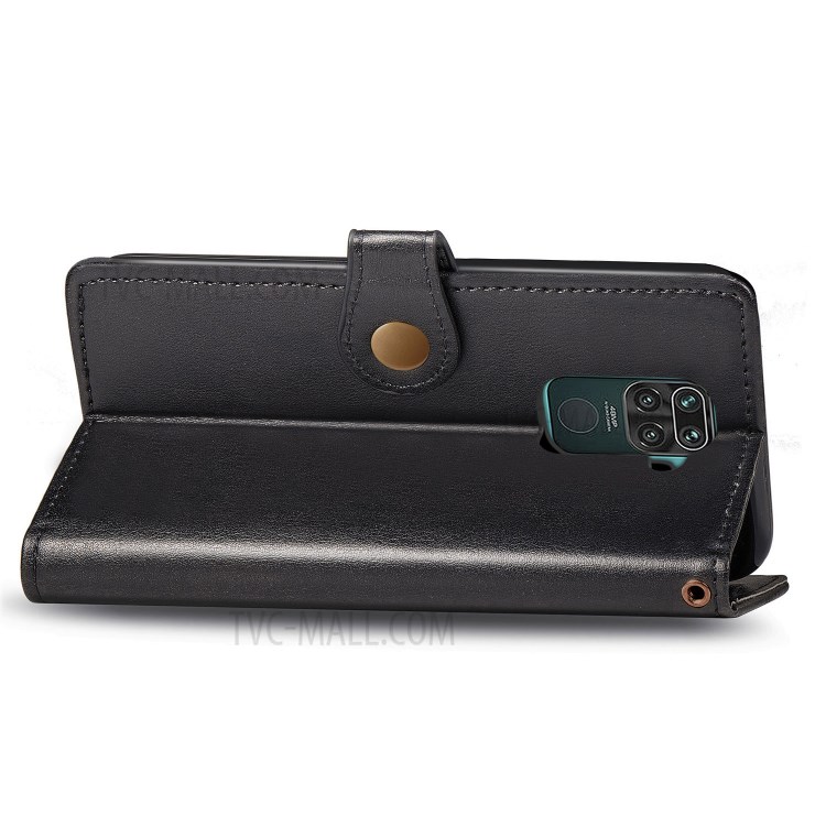 Wallet Stand Design Solid Color Leather Phone Case Shell with Round Buckle for Xiaomi Redmi 10X 4G/Redmi Note 9 (MTK Helio G85) - Black-6