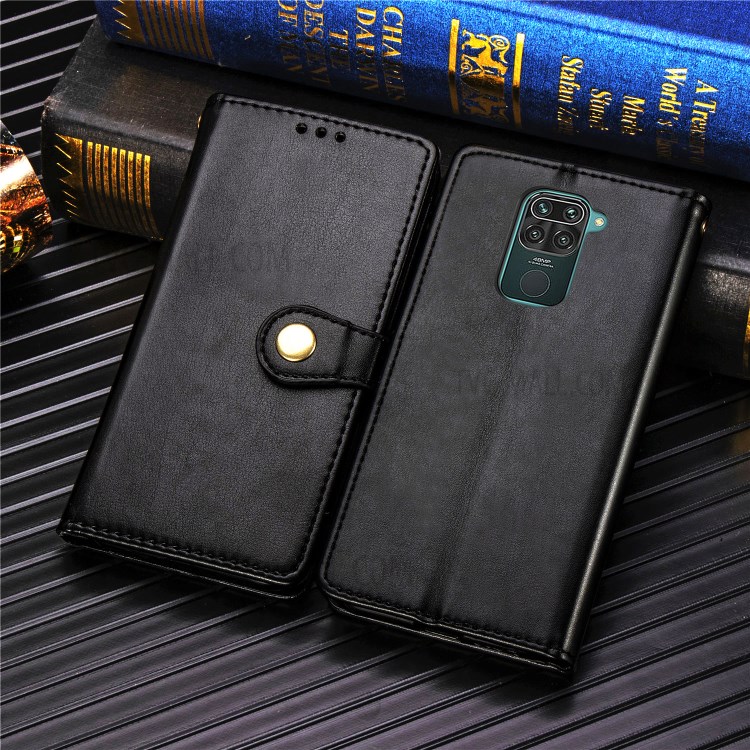 Wallet Stand Design Solid Color Leather Phone Case Shell with Round Buckle for Xiaomi Redmi 10X 4G/Redmi Note 9 (MTK Helio G85) - Black-9