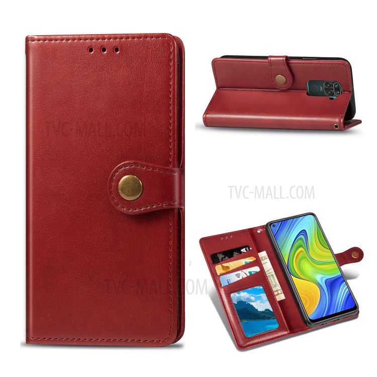 Wallet Stand Design Solid Color Leather Phone Case Shell with Round Buckle for Xiaomi Redmi 10X 4G/Redmi Note 9 (MTK Helio G85) - Red-1