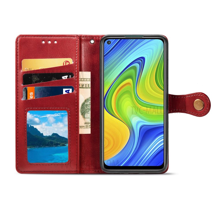 Wallet Stand Design Solid Color Leather Phone Case Shell with Round Buckle for Xiaomi Redmi 10X 4G/Redmi Note 9 (MTK Helio G85) - Red-4