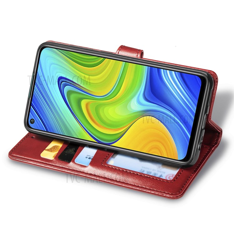 Wallet Stand Design Solid Color Leather Phone Case Shell with Round Buckle for Xiaomi Redmi 10X 4G/Redmi Note 9 (MTK Helio G85) - Red-5