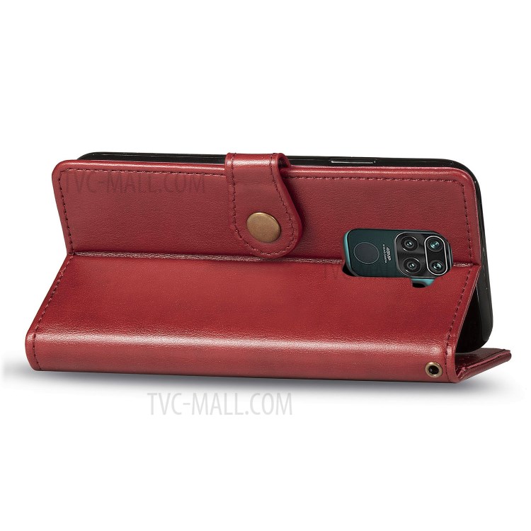 Wallet Stand Design Solid Color Leather Phone Case Shell with Round Buckle for Xiaomi Redmi 10X 4G/Redmi Note 9 (MTK Helio G85) - Red-6