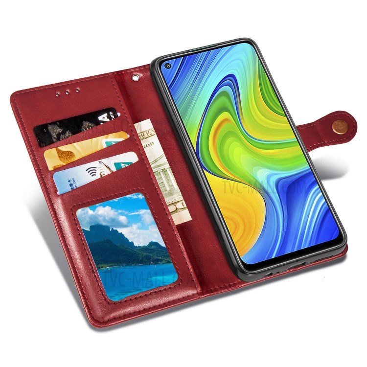 Wallet Stand Design Solid Color Leather Phone Case Shell with Round Buckle for Xiaomi Redmi 10X 4G/Redmi Note 9 (MTK Helio G85) - Red-7
