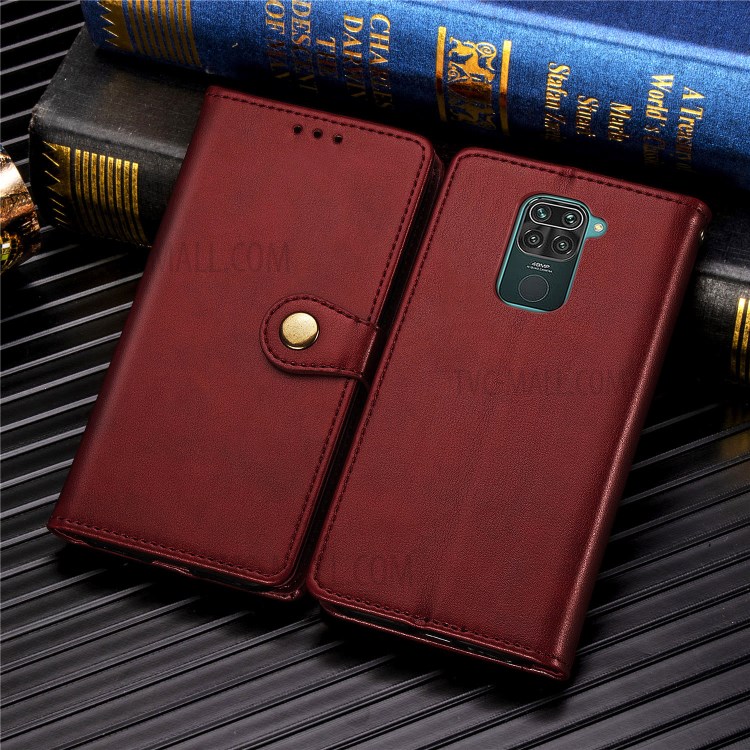 Wallet Stand Design Solid Color Leather Phone Case Shell with Round Buckle for Xiaomi Redmi 10X 4G/Redmi Note 9 (MTK Helio G85) - Red-9