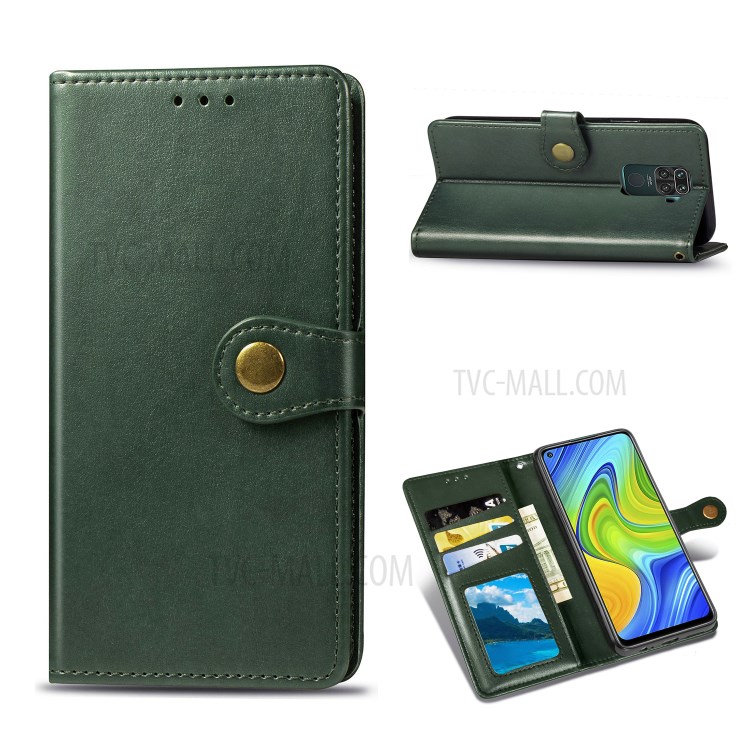 Wallet Stand Design Solid Color Leather Phone Case Shell with Round Buckle for Xiaomi Redmi 10X 4G/Redmi Note 9 (MTK Helio G85) - Blackish Green-1