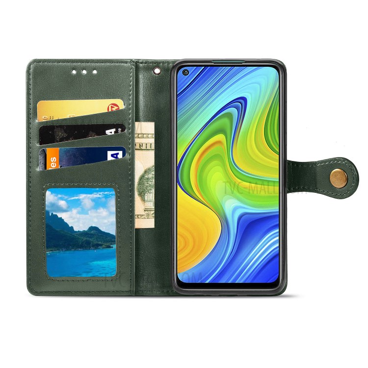 Wallet Stand Design Solid Color Leather Phone Case Shell with Round Buckle for Xiaomi Redmi 10X 4G/Redmi Note 9 (MTK Helio G85) - Blackish Green-4