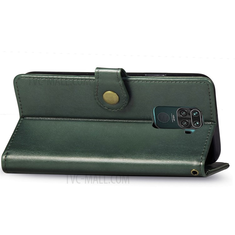 Wallet Stand Design Solid Color Leather Phone Case Shell with Round Buckle for Xiaomi Redmi 10X 4G/Redmi Note 9 (MTK Helio G85) - Blackish Green-6