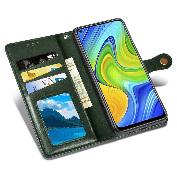 Wallet Stand Design Solid Color Leather Phone Case Shell with Round Buckle for Xiaomi Redmi 10X 4G/Redmi Note 9 (MTK Helio G85) - Blackish Green-7
