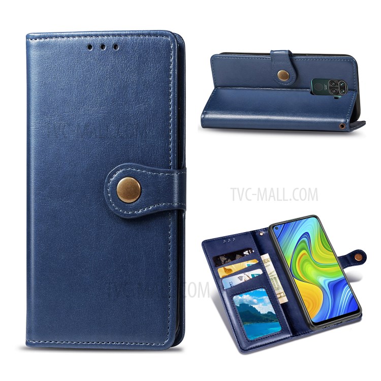 Wallet Stand Design Solid Color Leather Phone Case Shell with Round Buckle for Xiaomi Redmi 10X 4G/Redmi Note 9 (MTK Helio G85) - Dark Blue-1