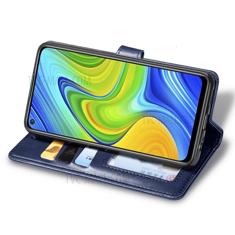 Wallet Stand Design Solid Color Leather Phone Case Shell with Round Buckle for Xiaomi Redmi 10X 4G/Redmi Note 9 (MTK Helio G85) - Dark Blue-5