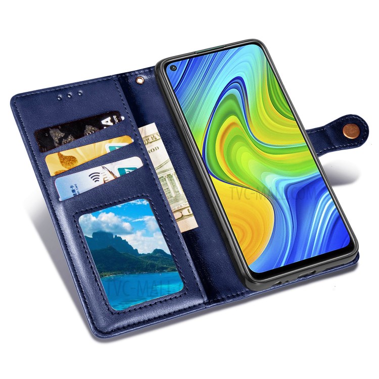 Wallet Stand Design Solid Color Leather Phone Case Shell with Round Buckle for Xiaomi Redmi 10X 4G/Redmi Note 9 (MTK Helio G85) - Dark Blue-7
