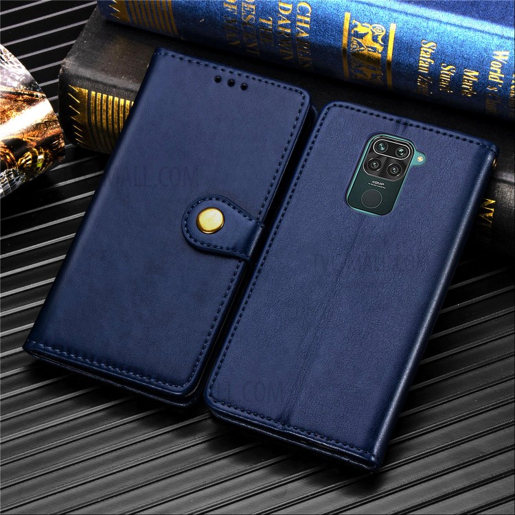 Wallet Stand Design Solid Color Leather Phone Case Shell with Round Buckle for Xiaomi Redmi 10X 4G/Redmi Note 9 (MTK Helio G85) - Dark Blue-9