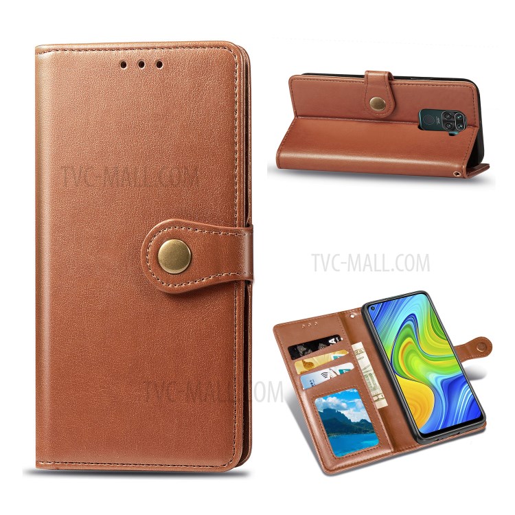 Wallet Stand Design Solid Color Leather Phone Case Shell with Round Buckle for Xiaomi Redmi 10X 4G/Redmi Note 9 (MTK Helio G85) - Light Brown-1