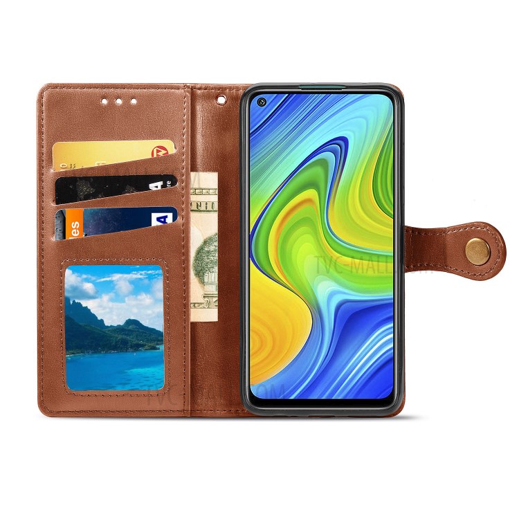 Wallet Stand Design Solid Color Leather Phone Case Shell with Round Buckle for Xiaomi Redmi 10X 4G/Redmi Note 9 (MTK Helio G85) - Light Brown-4
