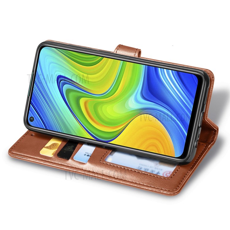 Wallet Stand Design Solid Color Leather Phone Case Shell with Round Buckle for Xiaomi Redmi 10X 4G/Redmi Note 9 (MTK Helio G85) - Light Brown-5