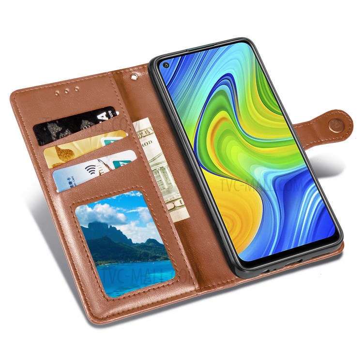 Wallet Stand Design Solid Color Leather Phone Case Shell with Round Buckle for Xiaomi Redmi 10X 4G/Redmi Note 9 (MTK Helio G85) - Light Brown-7