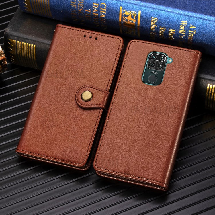 Wallet Stand Design Solid Color Leather Phone Case Shell with Round Buckle for Xiaomi Redmi 10X 4G/Redmi Note 9 (MTK Helio G85) - Light Brown-9
