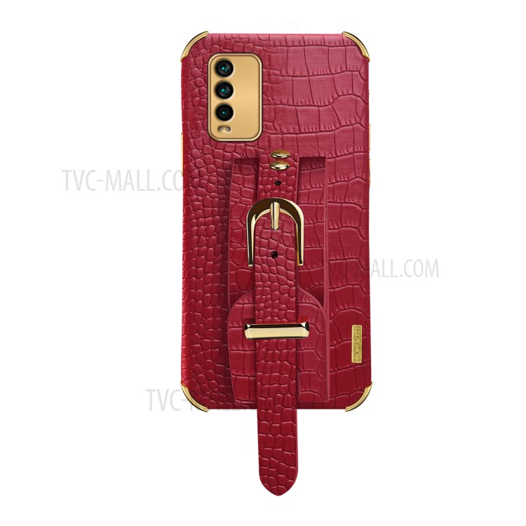 6D Electroplated Crocodile Texture Wrist Strap PU Leather Coated TPU Phone Case for Xiaomi Redmi Note 9 4G (Qualcomm Snapdragon 662) - Red-1
