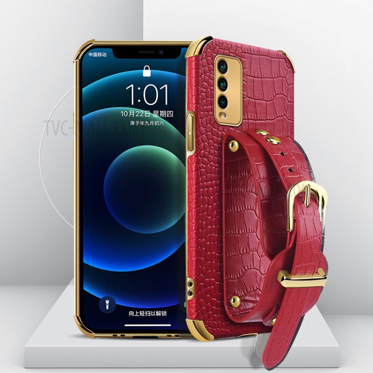 6D Electroplated Crocodile Texture Wrist Strap PU Leather Coated TPU Phone Case for Xiaomi Redmi Note 9 4G (Qualcomm Snapdragon 662) - Red-2