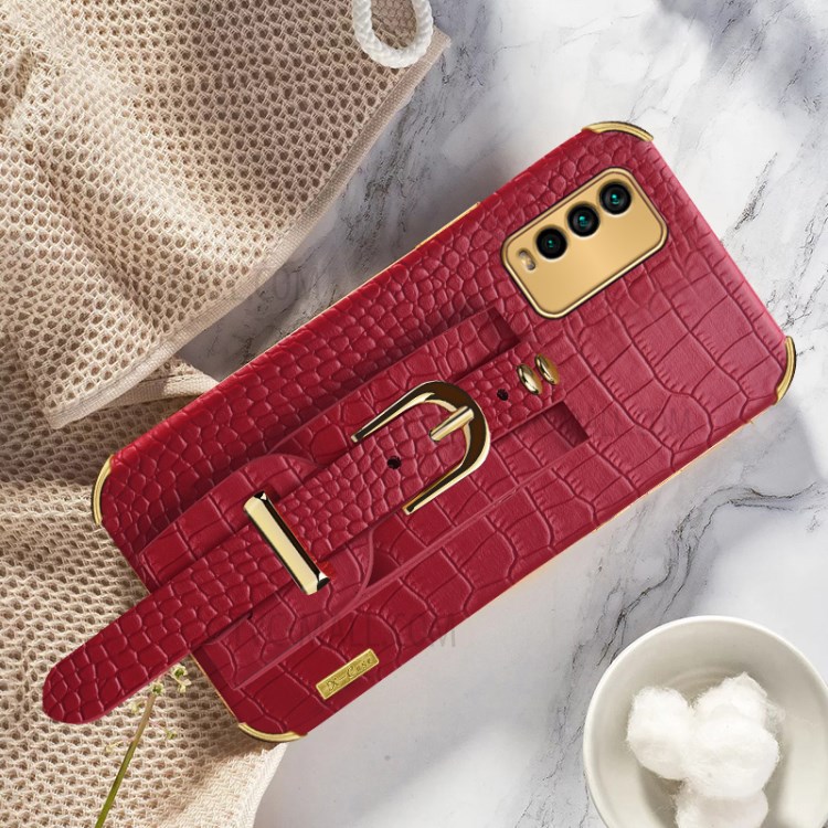 6D Electroplated Crocodile Texture Wrist Strap PU Leather Coated TPU Phone Case for Xiaomi Redmi Note 9 4G (Qualcomm Snapdragon 662) - Red-3