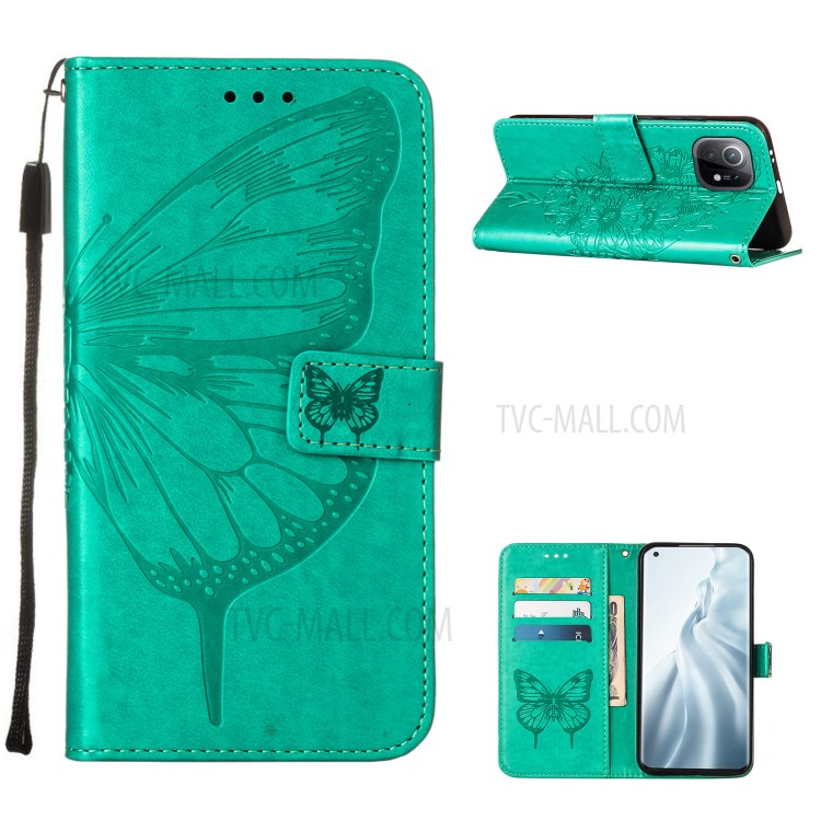 Imprint Butterfly Flower Pattern Wallet Stand Leather Case for Xiaomi Mi 11 - Green-1