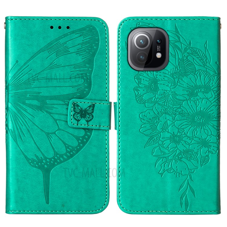 Imprint Butterfly Flower Pattern Wallet Stand Leather Case for Xiaomi Mi 11 - Green-3
