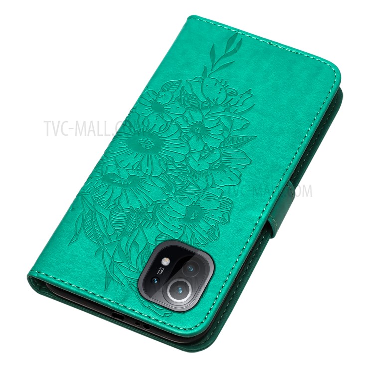Imprint Butterfly Flower Pattern Wallet Stand Leather Case for Xiaomi Mi 11 - Green-5