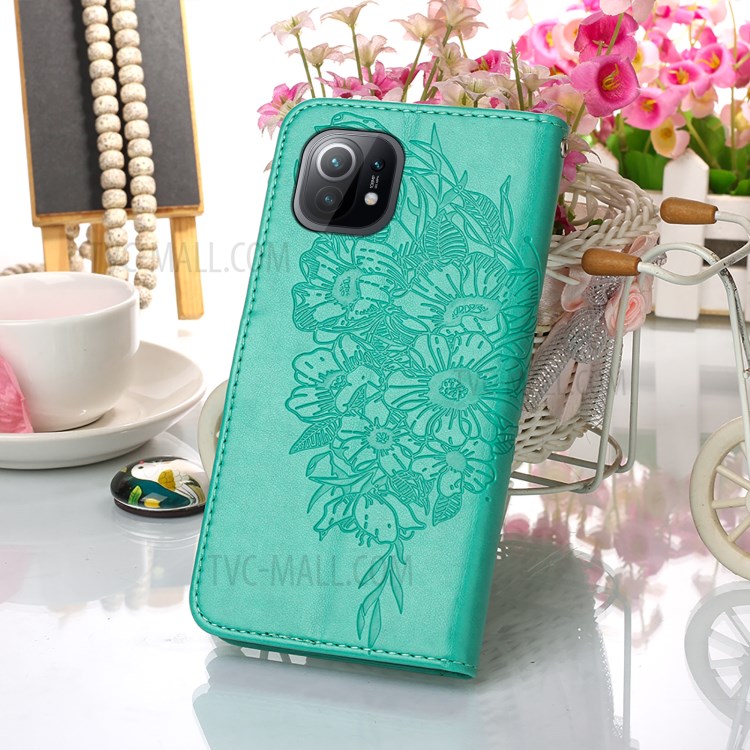 Imprint Butterfly Flower Pattern Wallet Stand Leather Case for Xiaomi Mi 11 - Green-8