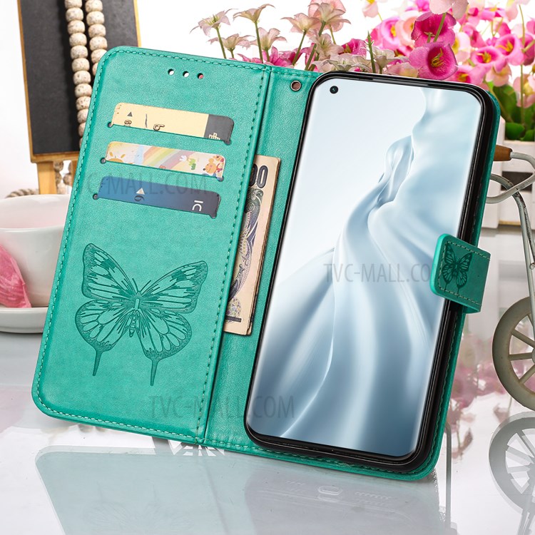 Imprint Butterfly Flower Pattern Wallet Stand Leather Case for Xiaomi Mi 11 - Green-9