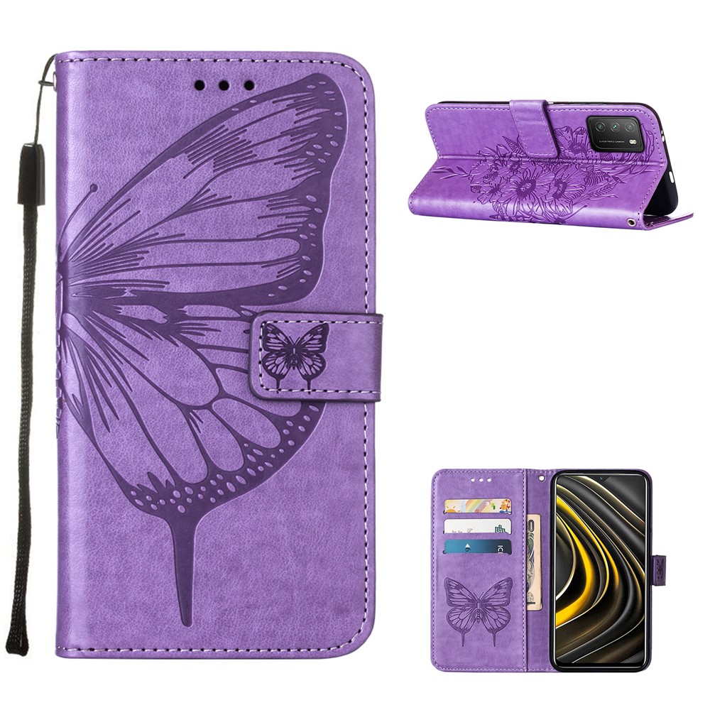Imprint Butterfly Flower Pattern Wallet Stand Leather Case for Xiaomi Poco M3 - Purple-1