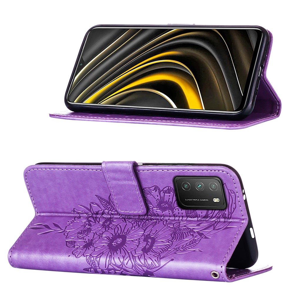 Impronta Butterfly Pattern Porthet Stand in Pelle Custodia Per Xiaomi Poco M3 - Viola