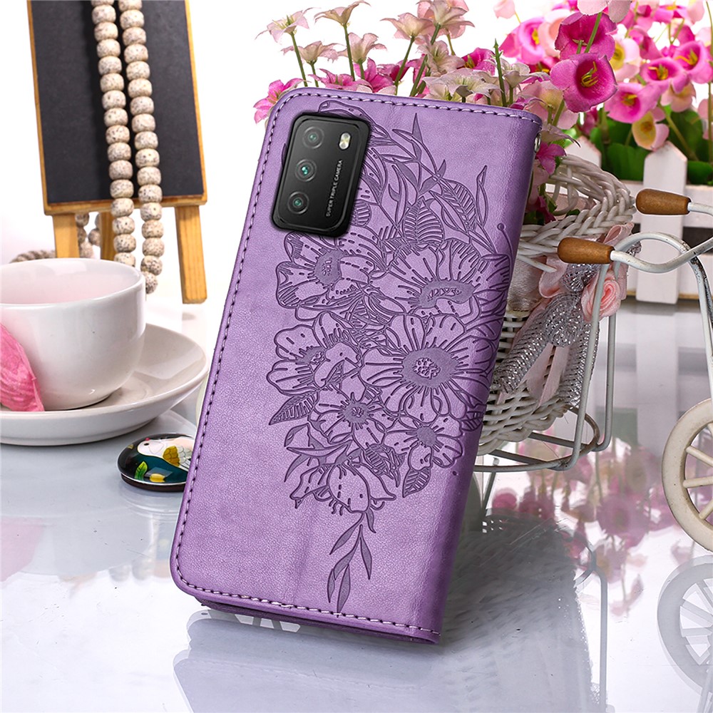 Empreinte Papillon de Fleurs de Fleur Portefeuille Étui en Cuir Pour Xiaomi Poco M3 - Violet